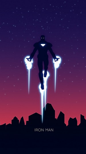 Iron Man flying over a city skyline at night