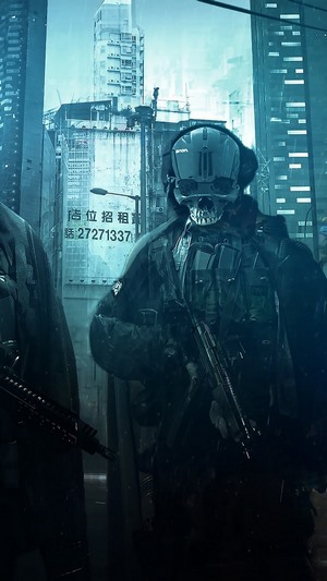Cyberpunk soldiers with skull masks in a city