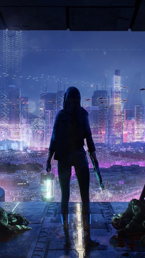 Sci-Fi character overlooking a futuristic cityscape at night
