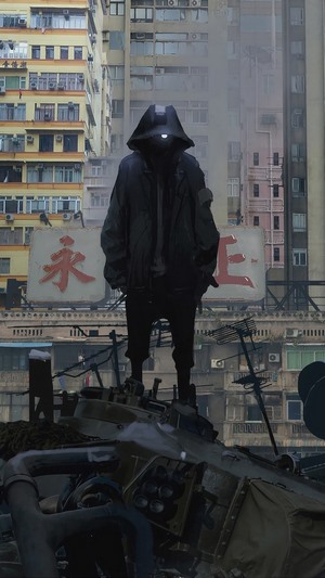 Cyberpunk figure standing on debris in a city