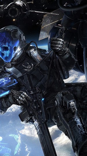 Sci-Fi Soldier with Skull Helmet and Rifle in Space