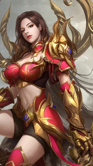 Fantasy Warrior Woman in Red and Gold Armor