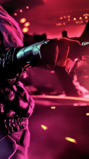 Cyberpunk girl with pink hair holding a weapon