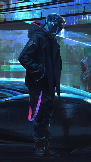 Cyberpunk character in futuristic city with car