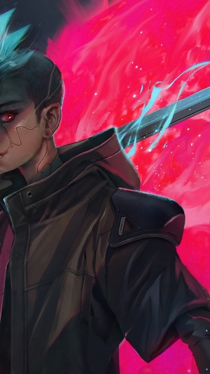 Cyberpunk character with sword and pink background