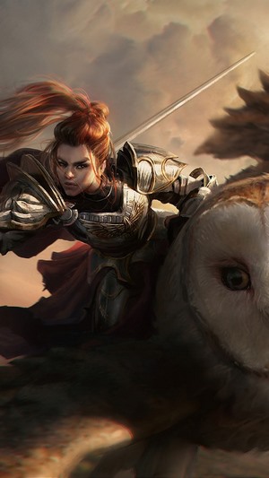 Warrior riding a large owl with a sword