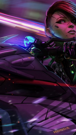 Cyberpunk girl on a Honda motorcycle