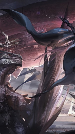 Dragon and warrior in a fantasy landscape