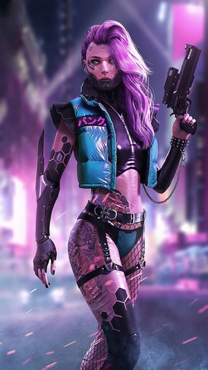 Cyberpunk girl with purple hair and gun