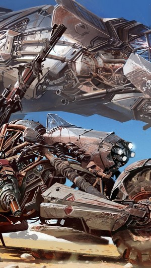 Post-apocalyptic cyberpunk motorcycle and spaceship