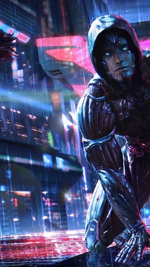 Cyberpunk character in a rainy neon city