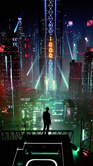 Sci-Fi Cityscape at Night with a Lone Figure