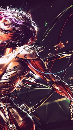 Cyberpunk cyborg girl with mechanical arm