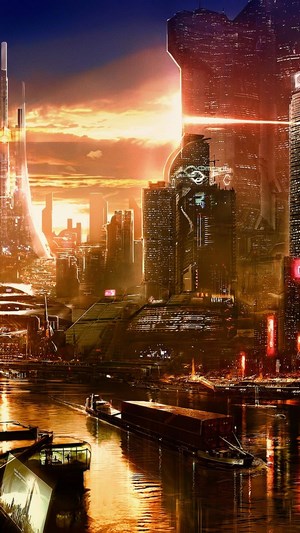 Futuristic Sci-Fi Cityscape at Sunset