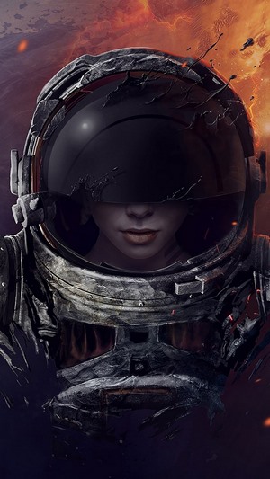 Astronaut in damaged helmet with fiery background
