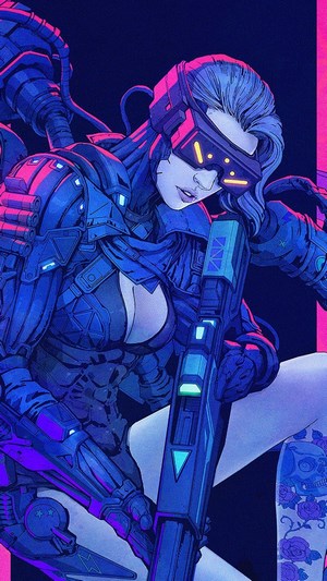 Cyberpunk girl with futuristic rifle and goggles