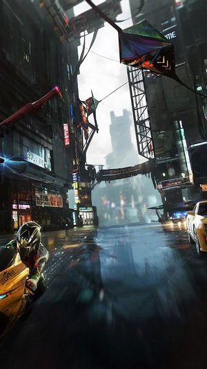 Cyberpunk city street with a motorcycle rider