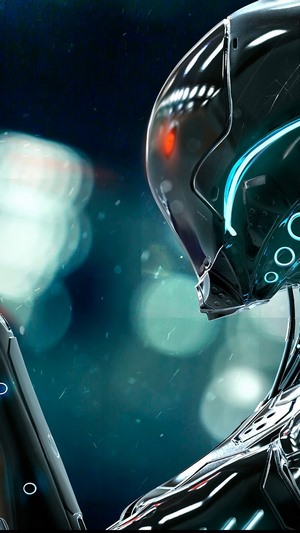 Close-up of a futuristic cyborg's head and shoulder