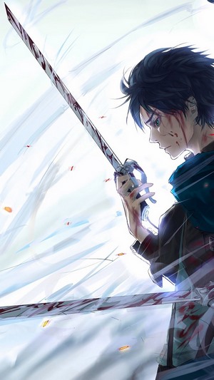 Eren Yeager from Attack on Titan holding bloody swords