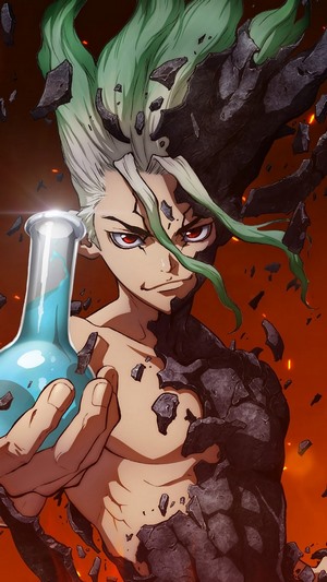Senku Ishigami from Dr. Stone holding a flask