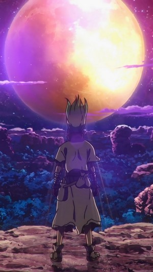 Senku Ishigami from Dr. Stone looking at a large moon