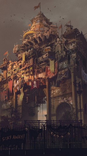 Post-apocalyptic settlement built on an archway