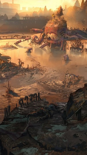 Post-apocalyptic landscape with giant octopus structure