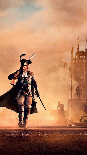 Man in colonial attire with musket and sword in Greedfall