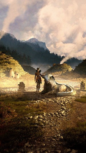 Character with a creature in a mountainous landscape