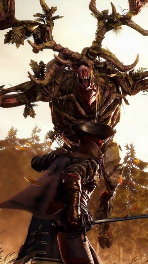 Greedfall: A warrior faces a tree monster