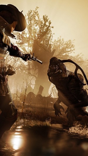 Man with gun facing monster in swamp