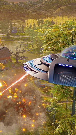 UFO firing laser beam at a village
