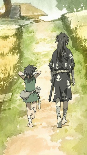 Hyakkimaru and Dororo walking on a path