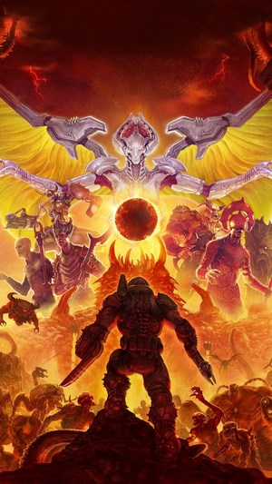 Doom Slayer facing demons in Hell from Doom Eternal