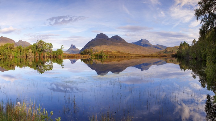 Mountains reflected in a calm lake with trees