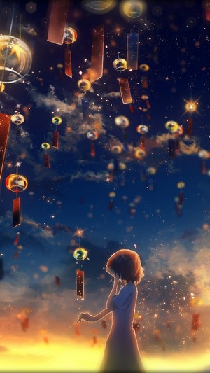Anime Girl Crying Sunset Sky Lantern