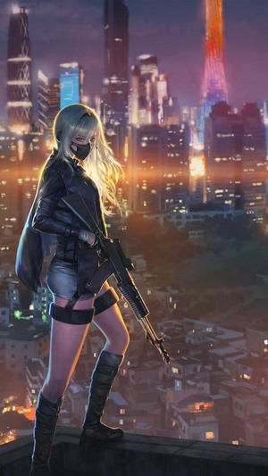 Anime girl with rifle in city at night