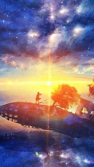 Anime girl on a crashed spaceship under a starry sunrise