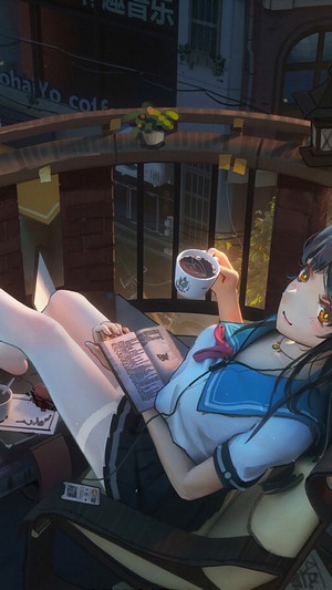 Anime School Girl Reading and Drinking Coffee