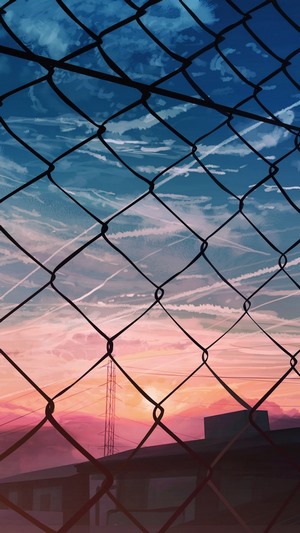 Anime sunset scenery through a fence