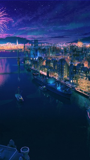 Anime Cityscape at Night with Fireworks