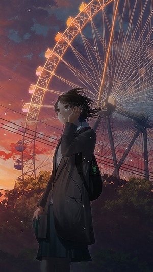 Anime girl with headphones near Ferris wheel at sunset