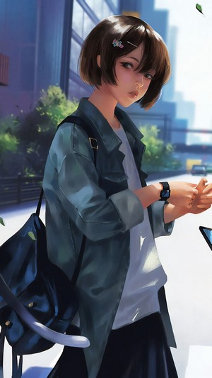 Anime girl with short brown hair wearing a jacket