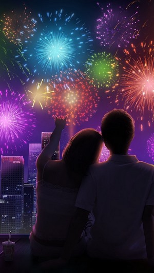 Couple watching fireworks over city at night