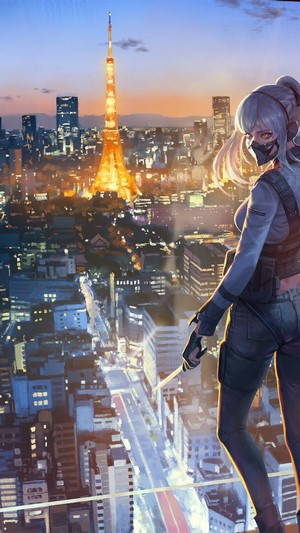 Anime girl with mask overlooking Tokyo cityscape