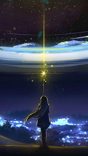 Anime girl looking at a bright star in the night sky