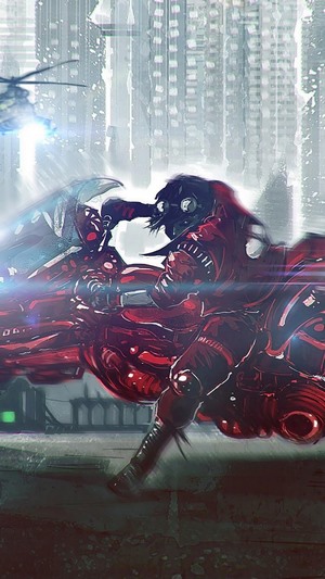 Kaneda and Tetsuo on motorcycles in Neo-Tokyo