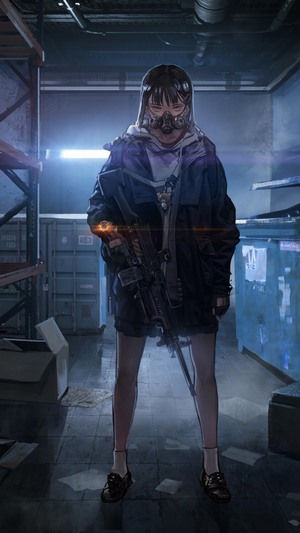 Anime girl with gas mask and rifle