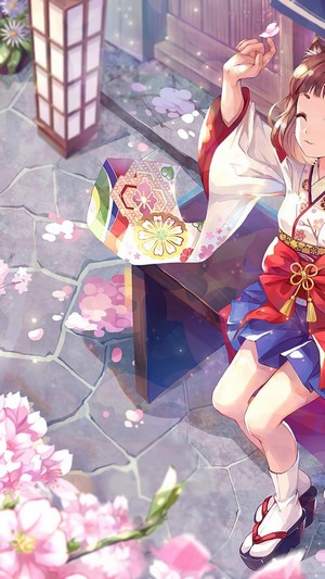 Anime girl in kimono with cherry blossoms