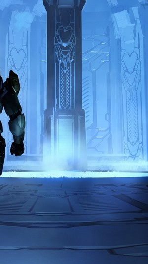 Master Chief from Halo Infinite in a futuristic hall